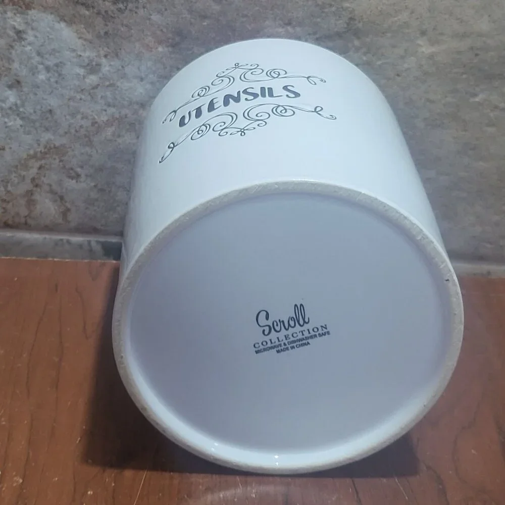 Scroll Collection Utensil Holder White Ceramic Cannister